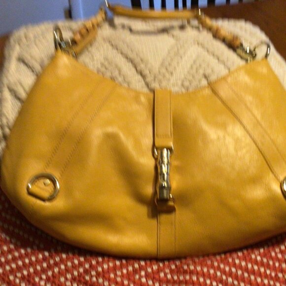 Banana Republic Yellow Genuine Cow Leather Purse - Bamboo Handle lock on front - Picture 1 of 6
